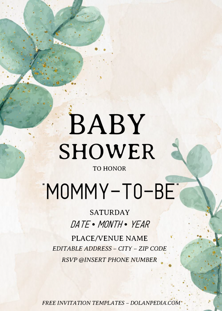 Eucalyptus Baby Shower Invitation Templates - Editable .Docx and has portrait design