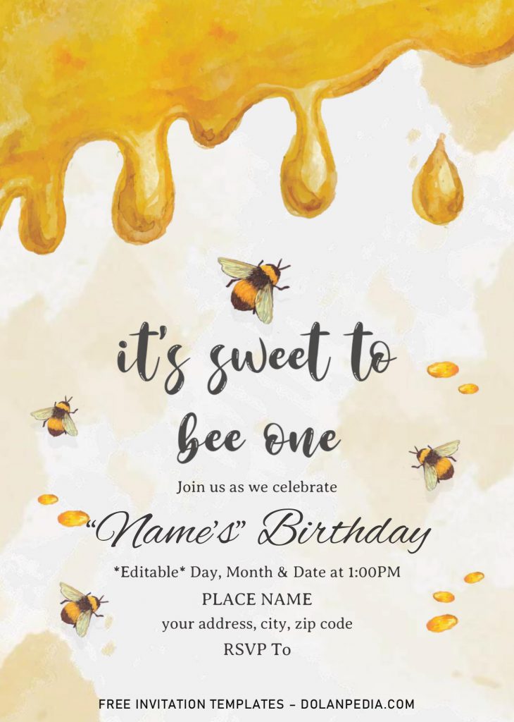 First Bee Day Birthday Invitation Templates - Editable .Docx and has watercolor honey and bee