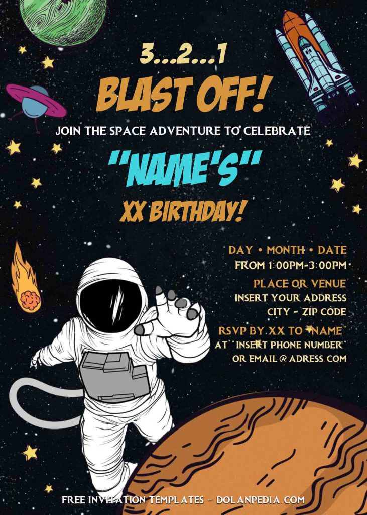Free Astronaut Birthday Invitation Templates For Word and has cartoon Astronaut illustration