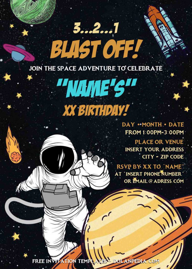 Free Astronaut Birthday Invitation Templates For Word and has planet Jupiter and 