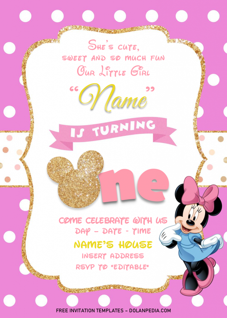 Gold Glitter Minnie Mouse Birthday Invitation Templates - Editable .Docx and has 