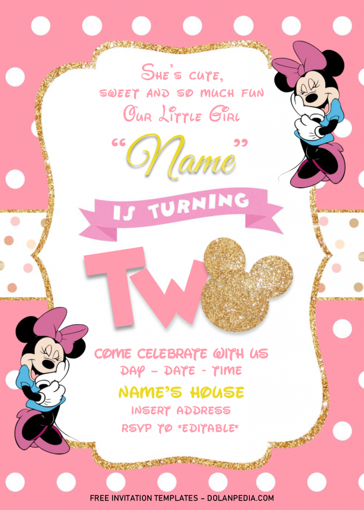 Gold Glitter Minnie Mouse Birthday Invitation Templates - Editable .Docx and has 