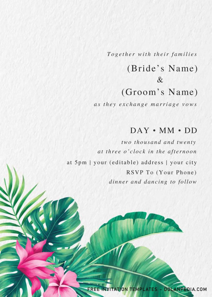 Modern Tropical Wedding Invitation Templates - Editable With MS Word and has green monstera and palm leaves