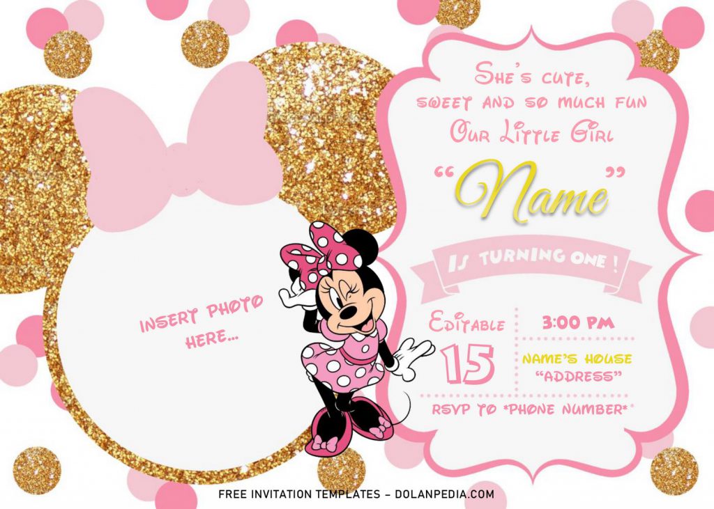 Pink And Gold Glitter Minnie Mouse Baby Shower Invitation Templates - Editable .Docx and has adorable Minnie in pink dress