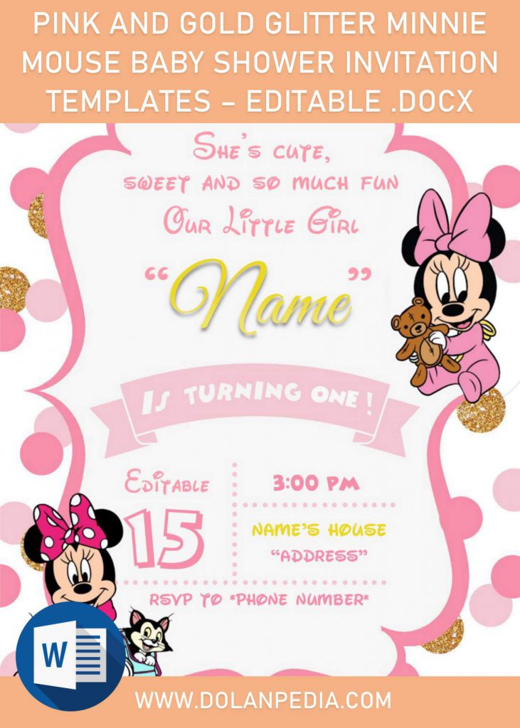 Pink And Gold Glitter Minnie Mouse Baby Shower Invitation Templates - Editable .Docx and has 