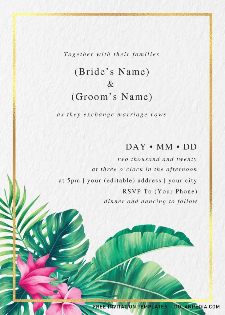 Modern Tropical Wedding Invitation Templates - Editable With MS Word and has watercolor greenery leaves