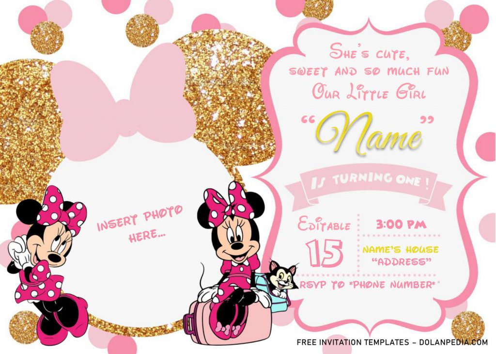 Pink And Gold Glitter Minnie Mouse Baby Shower Invitation Templates - Editable .Docx and has gold glitter Minnie's head and ears