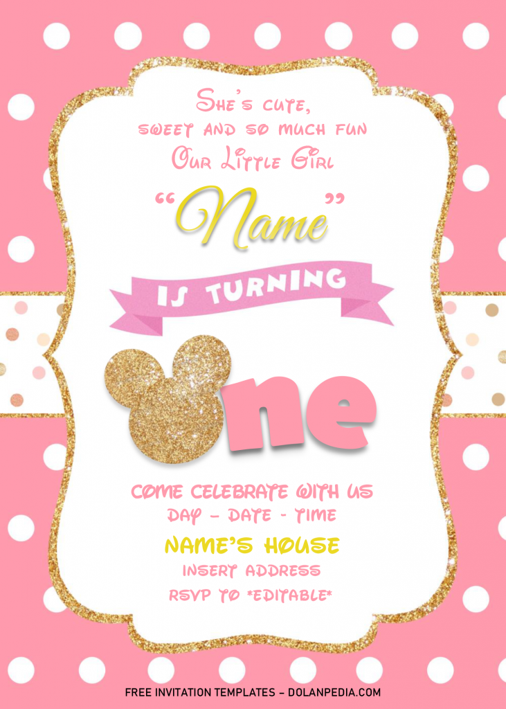 Gold Glitter Minnie Mouse Birthday Invitation Templates - Editable .Docx and has pink background