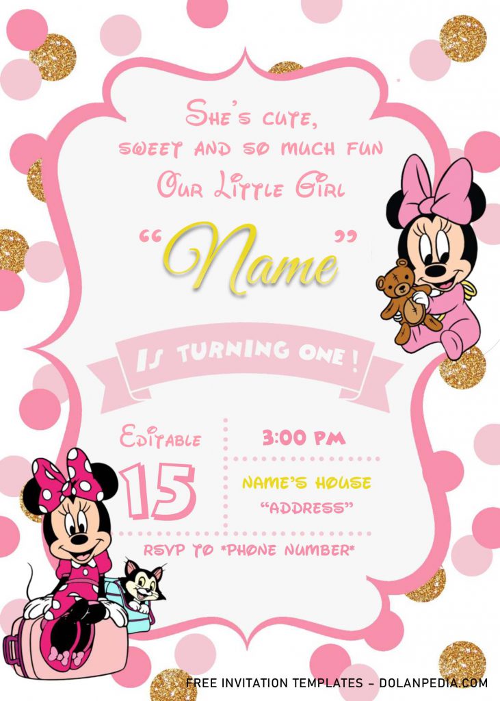 Pink And Gold Glitter Minnie Mouse Baby Shower Invitation Templates - Editable .Docx and has portrait design