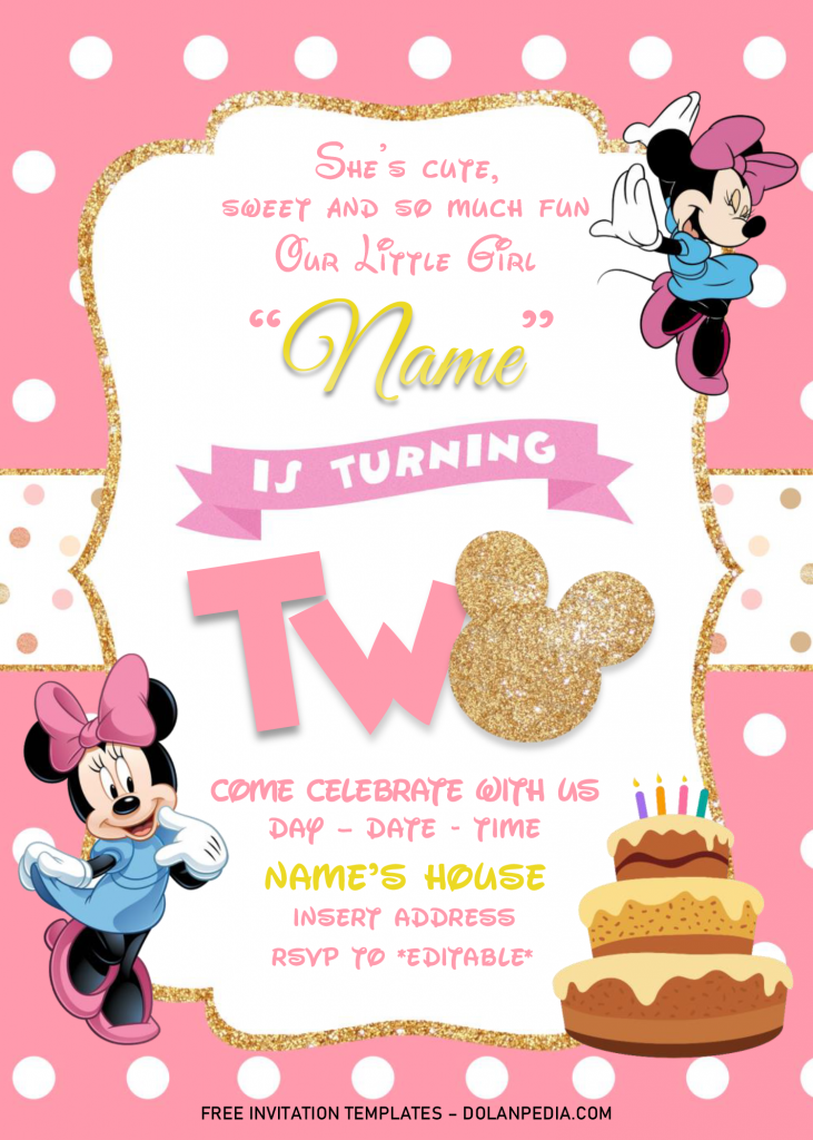 Gold Glitter Minnie Mouse Birthday Invitation Templates - Editable .Docx and has gold glitter frame