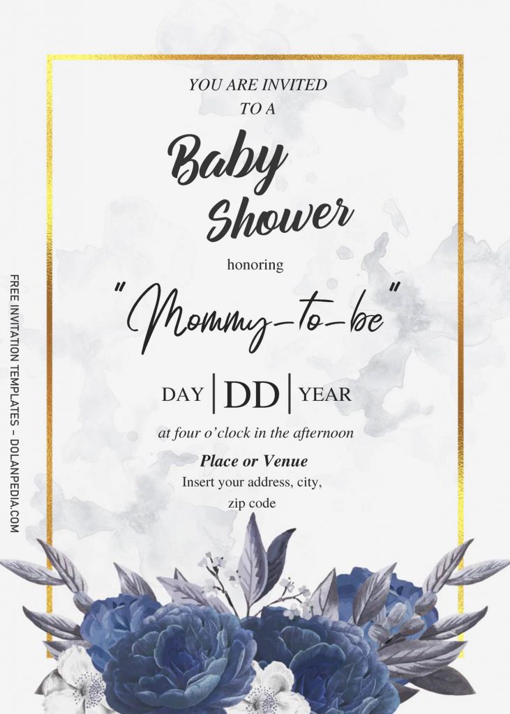 Dusty Blue Rose Baby Shower Invitation Templates - Editable With MS Word and has gold foil text frame