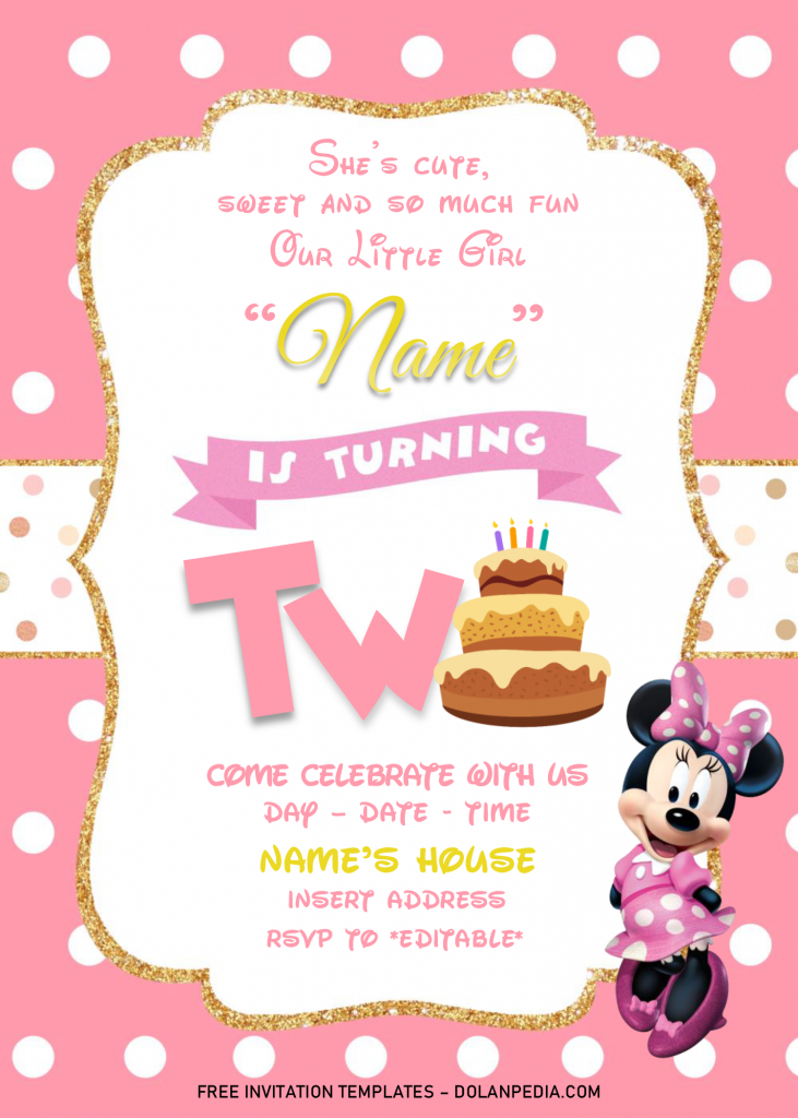 Gold Glitter Minnie Mouse Birthday Invitation Templates - Editable .Docx and has birthday cake