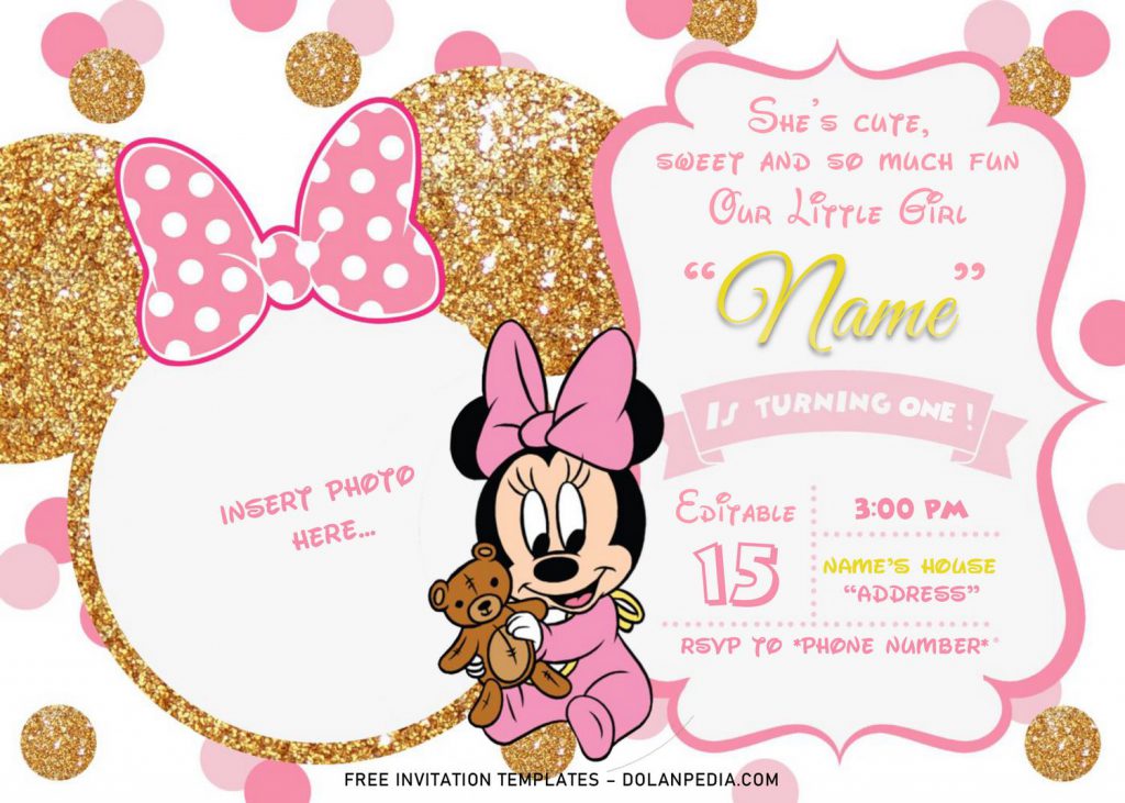 Pink And Gold Glitter Minnie Mouse Baby Shower Invitation Templates - Editable .Docx and has landscape orientation