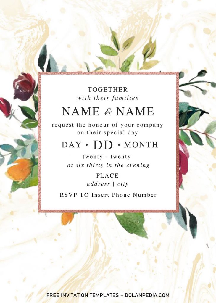 Festive Floral Wedding Invitation Templates - Editable With Microsoft Word and has portrait design and gold marble background