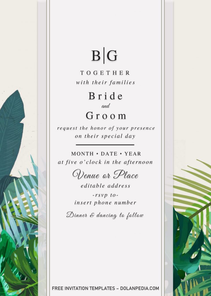 Summer Garden Wedding Invitation Templates - Editable With MS Word and has Green Monsteral and Palm Leaves