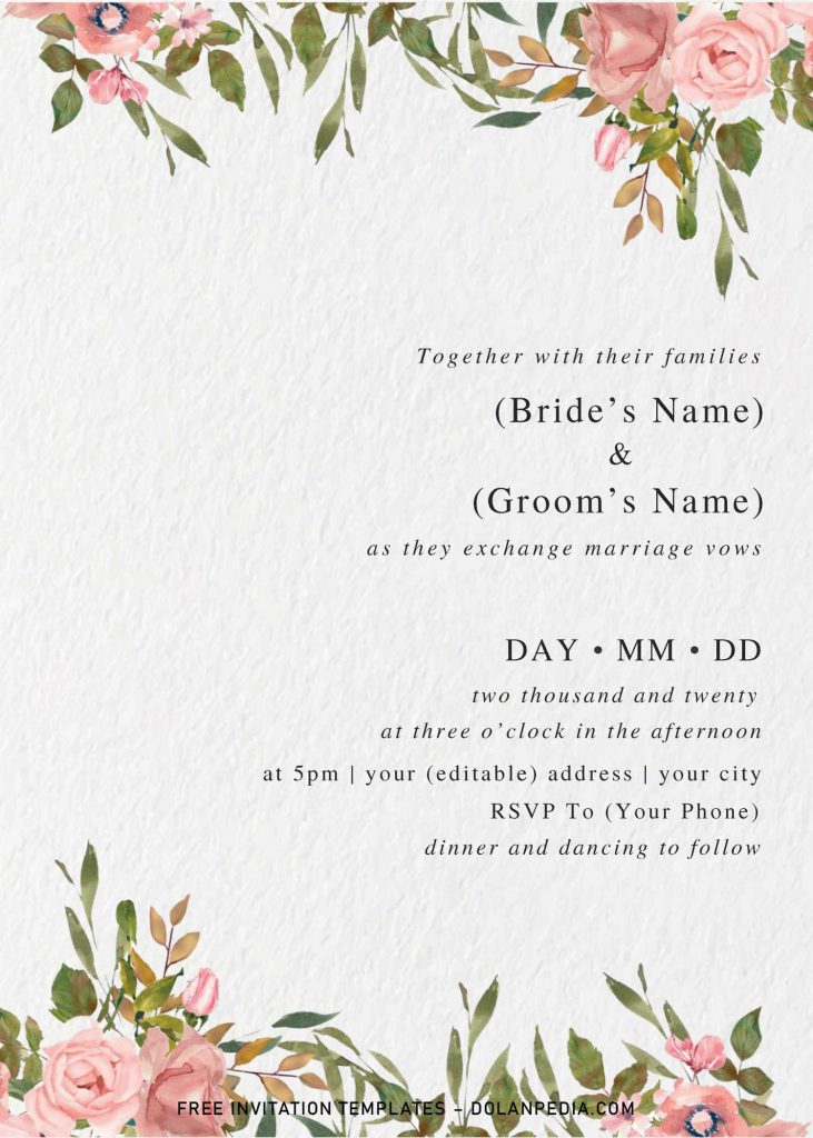 Modern Tropical Wedding Invitation Templates - Editable With MS Word and has green eucalyptus leaves and border