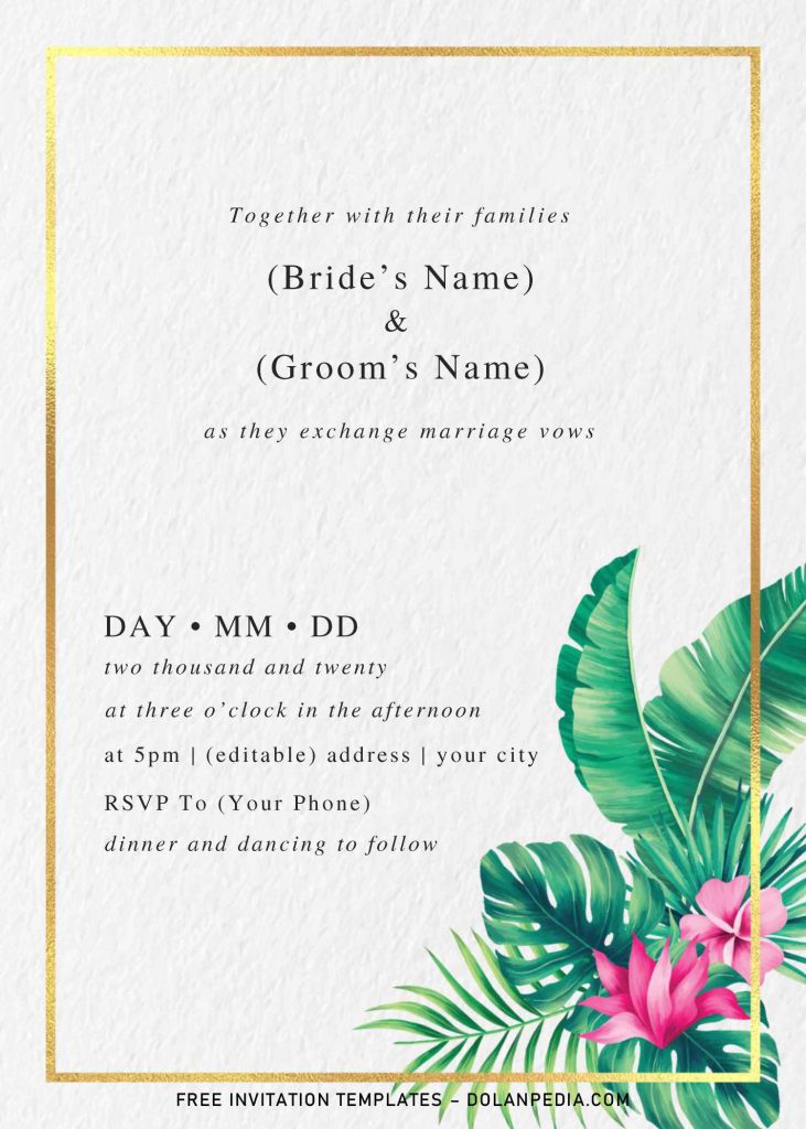 Modern Tropical Wedding Invitation Templates - Editable With MS Word and has gold text frame