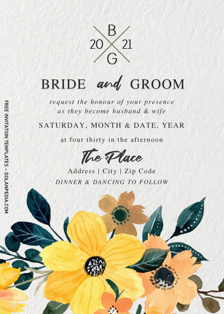 Classy Monogram Wedding Invitation Templates - Editable With MS Word and has yellow flowers