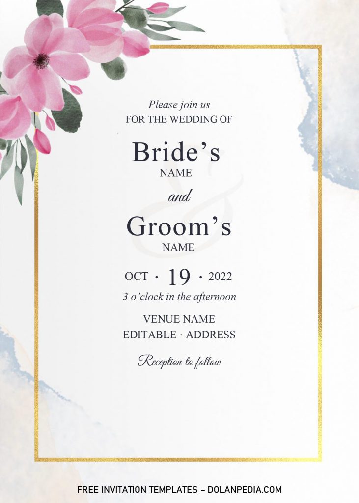 Golden Frame Wedding Invitation Templates - Editable With Microsoft Word and has pink flowers