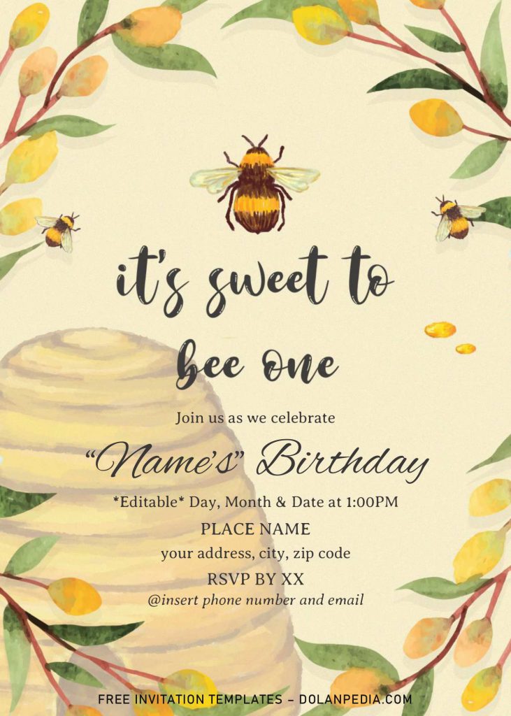 First Bee Day Birthday Invitation Templates - Editable .Docx and has watercolor leaves