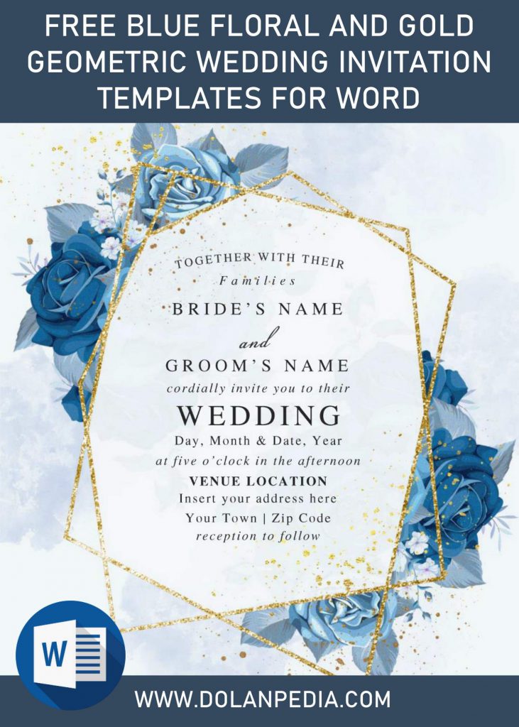 Free Blue Floral And Gold Geometric Wedding Invitation Templates For Word