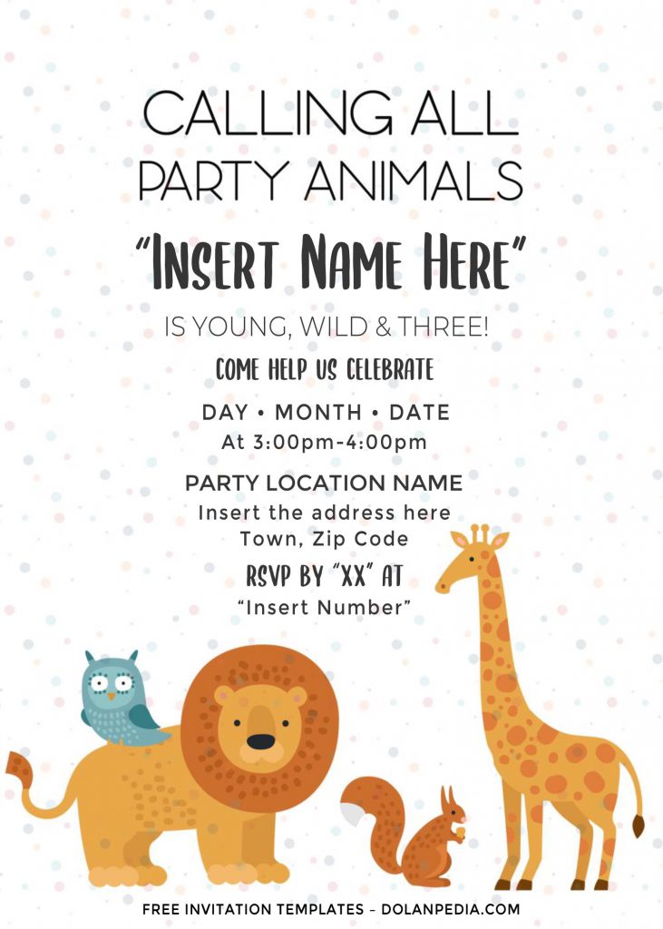 Free Cute Party Animals Birthday Invitation Templates For Word and has portrait orientation