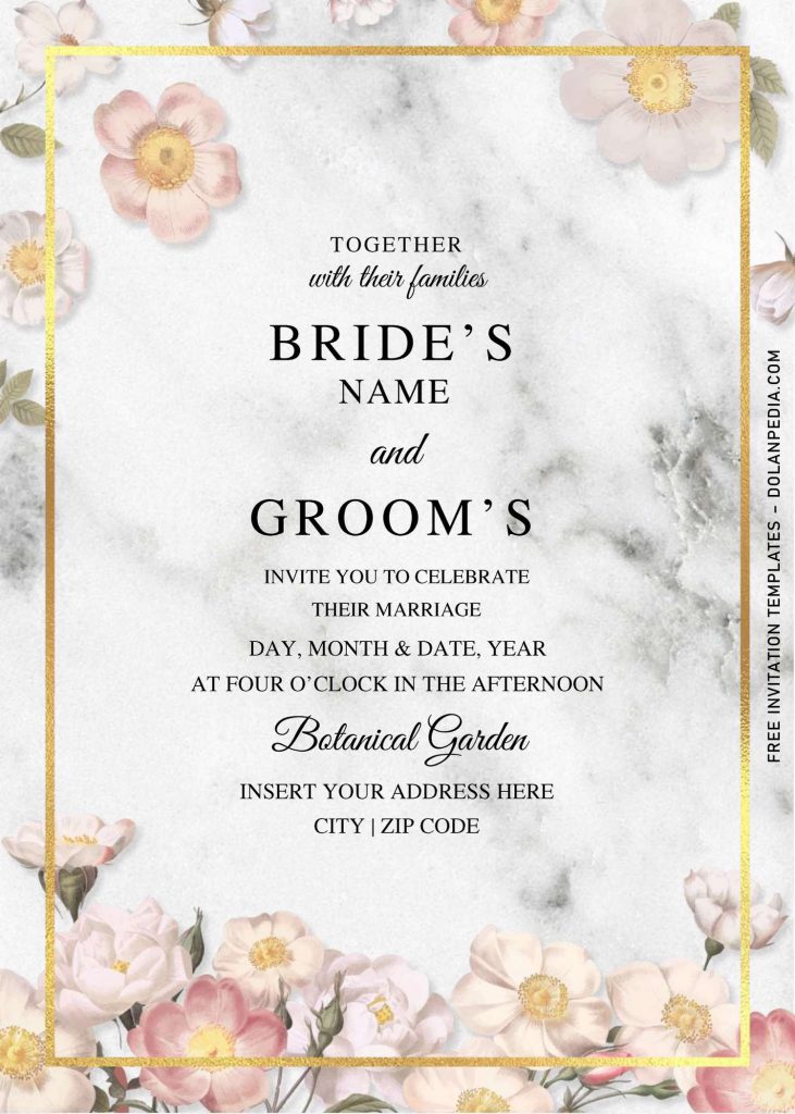 Free Peach Flower Wedding Invitation Templates For Word and has white and black marble background