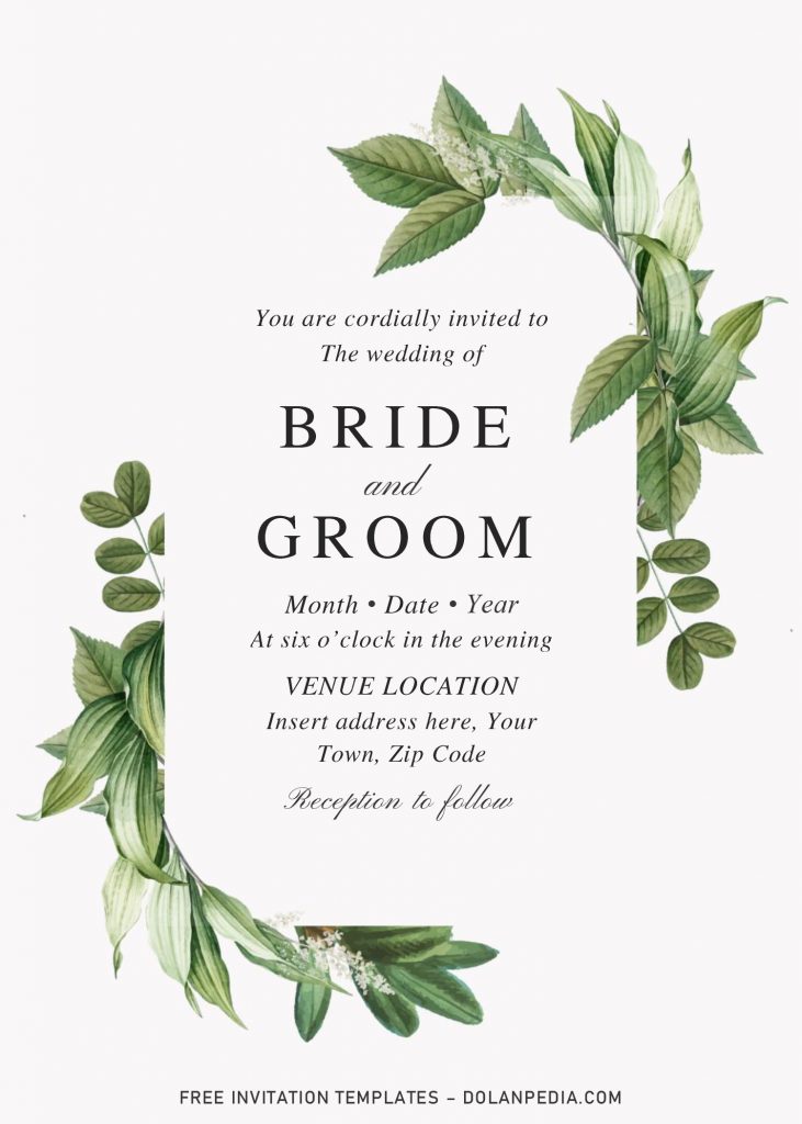 Free Botanical Leaves Wedding Invitation Templates For Word and has custom green eucalyptus and monstera leaves border