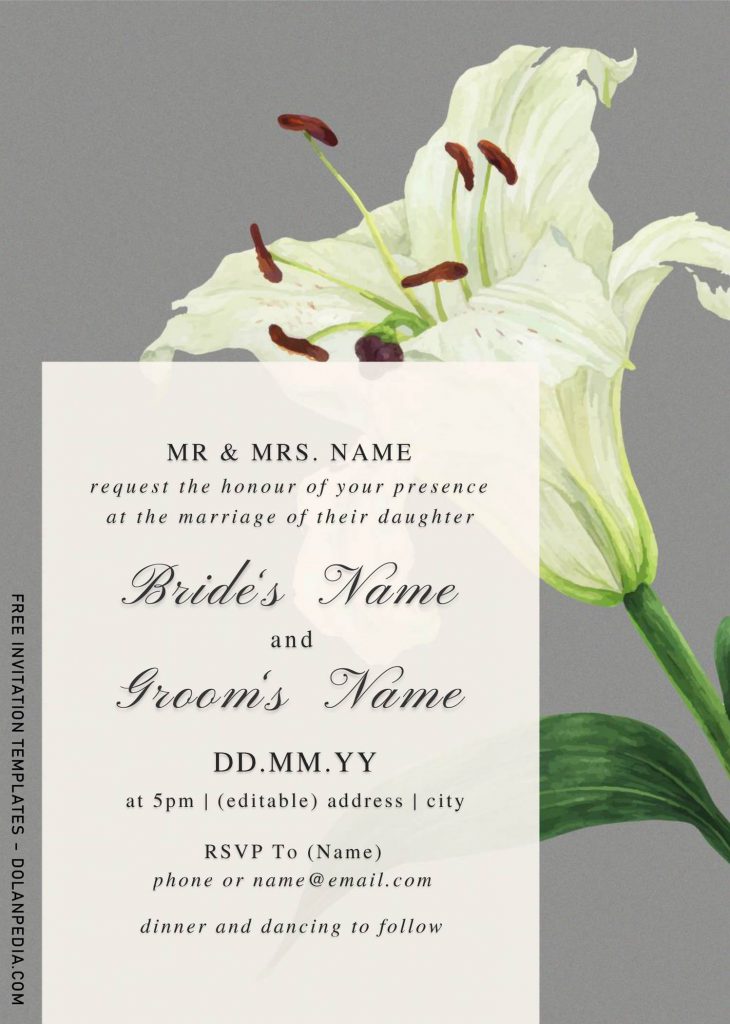 Free Watercolor Lily Wedding Invitation Templates For Word and elegant typography or fonts