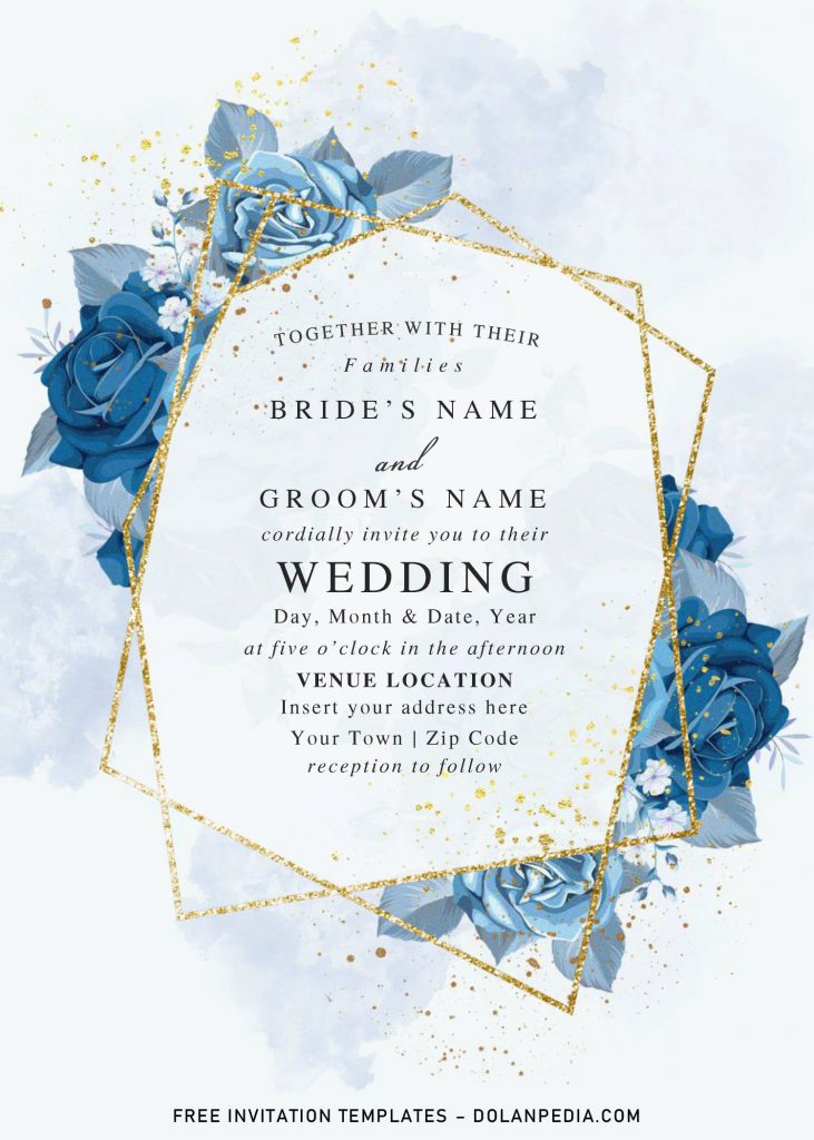 Free Blue Floral And Gold Geometric Wedding Invitation Templates For Word and has 
