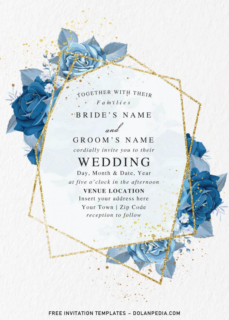 Free Blue Floral And Gold Geometric Wedding Invitation Templates For Word and has 