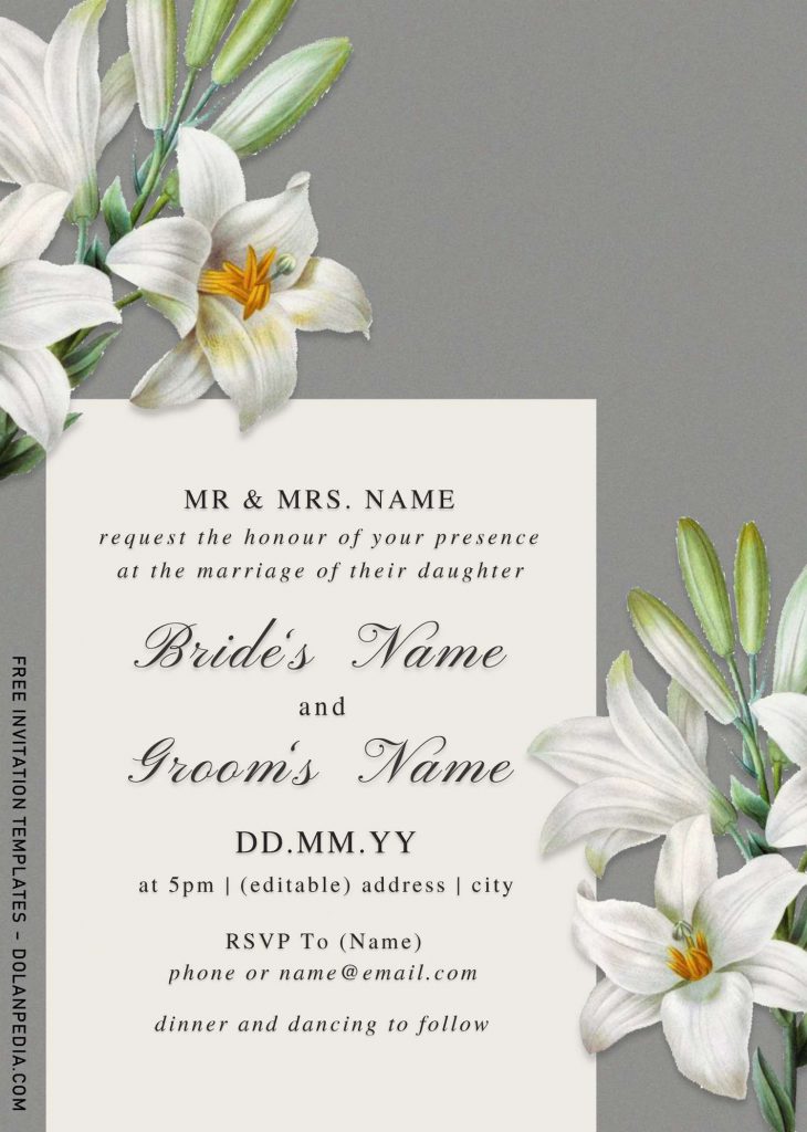 Free Watercolor Lily Wedding Invitation Templates For Word and blush pink lilies