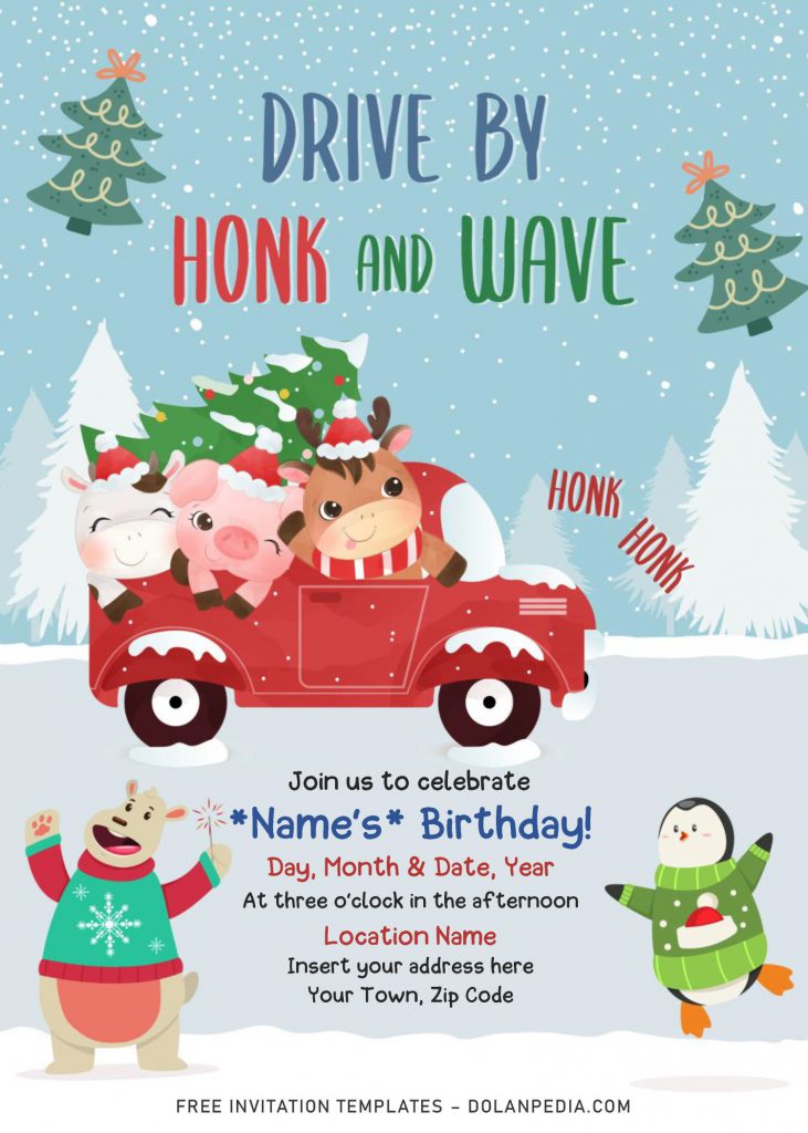 Free Winter Vintage Truck Drive By Birthday Party Invitation Templates For Word and has cow, horse and pig