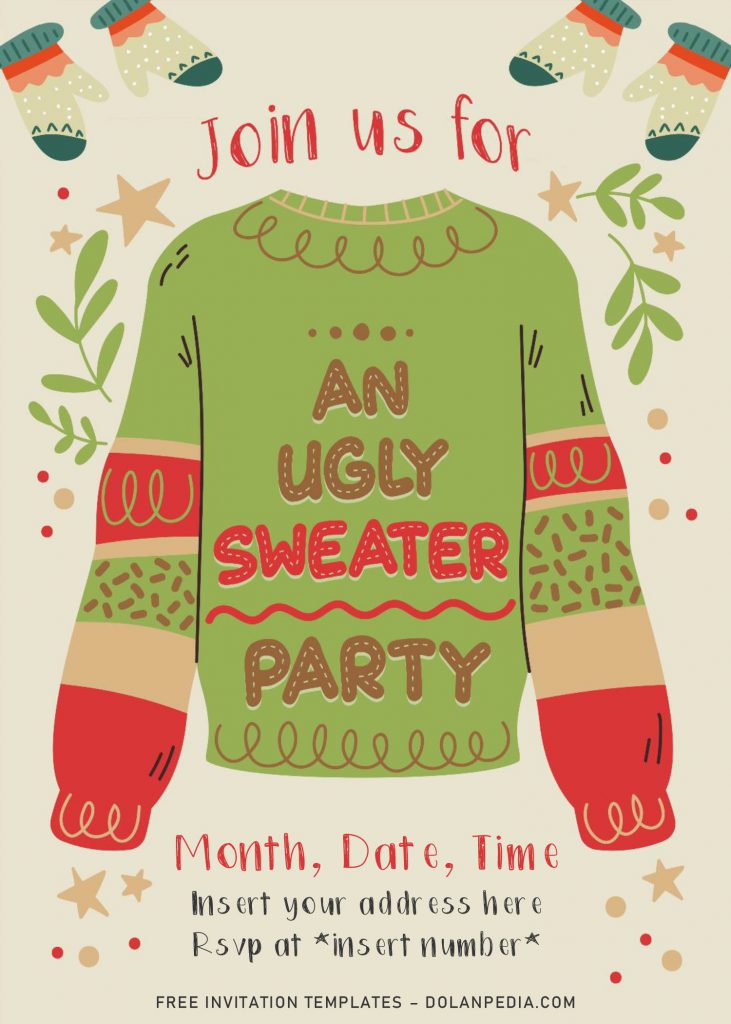 Free Christmas Ugly Sweater Drive By Birthday Party Invitation Templates For Word and has green leaves