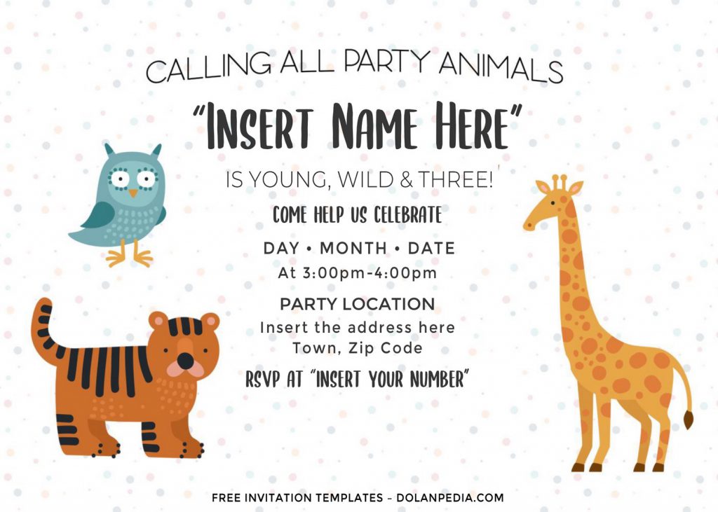 Free Cute Party Animals Birthday Invitation Templates For Word and has baby tiger and polka dots pattern