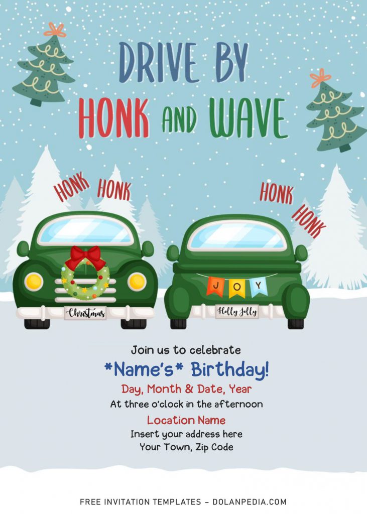 Free Winter Vintage Truck Drive By Birthday Party Invitation Templates For Word and has snowflakes background