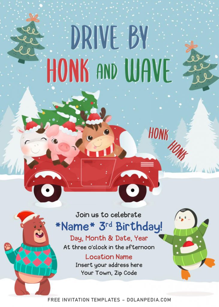 Free Winter Vintage Truck Drive By Birthday Party Invitation Templates For Word and has cute farm animals