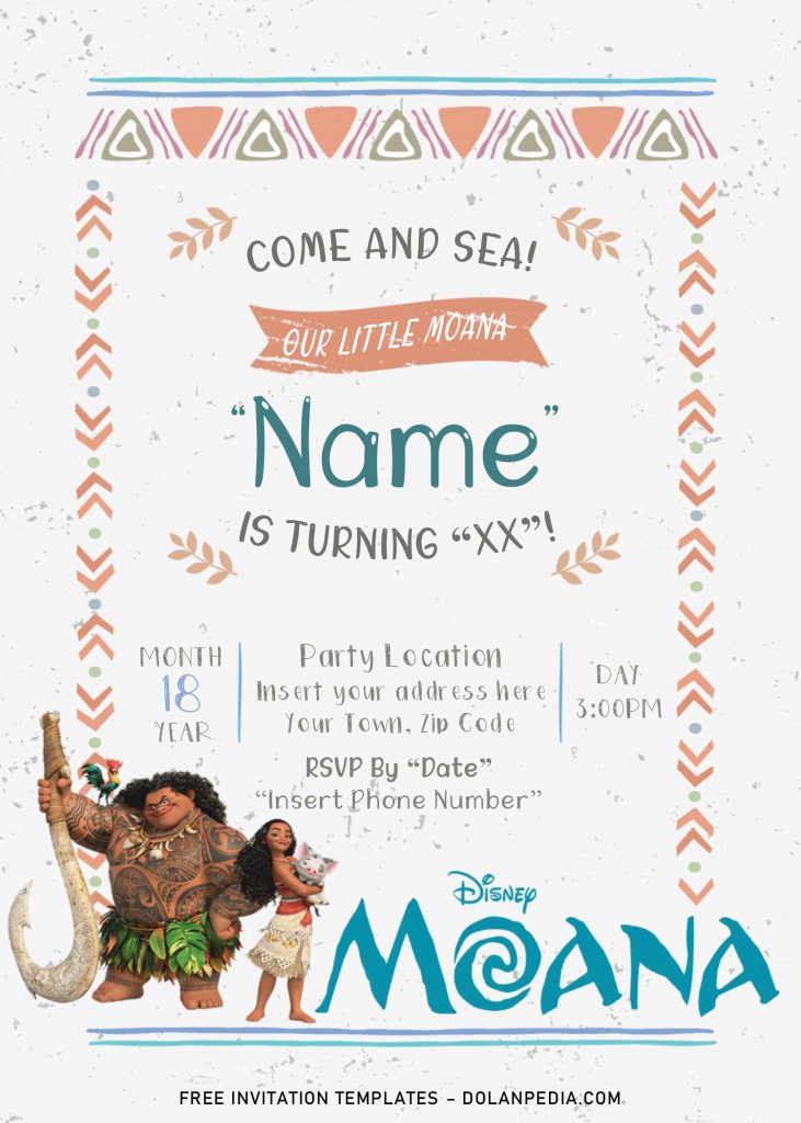 Free Moana Birthday Invitation Templates For Word and has Maui holding his fish hook from bone and Moana hugging Pua