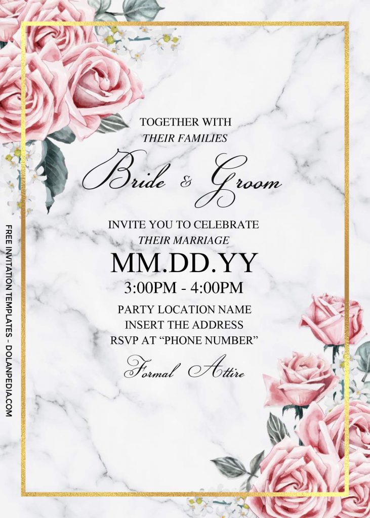Free Dusty Rose Wedding Invitation Templates For Word and has white and black marble background