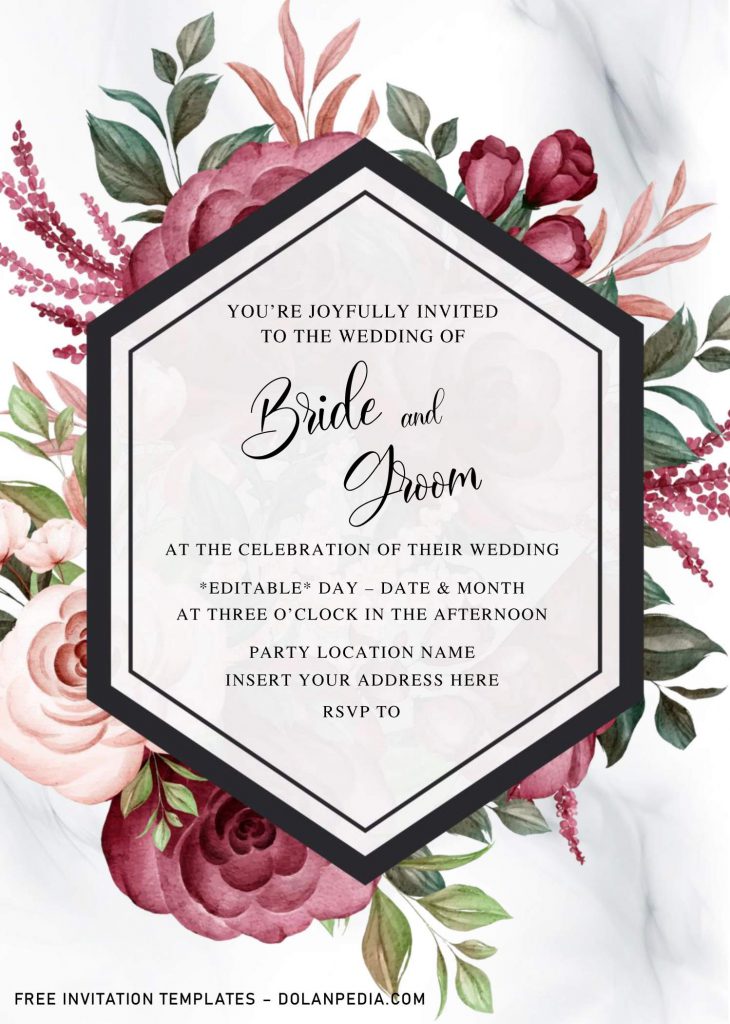 Free Burgundy Floral Wedding Invitation Templates For Word and has white marble background