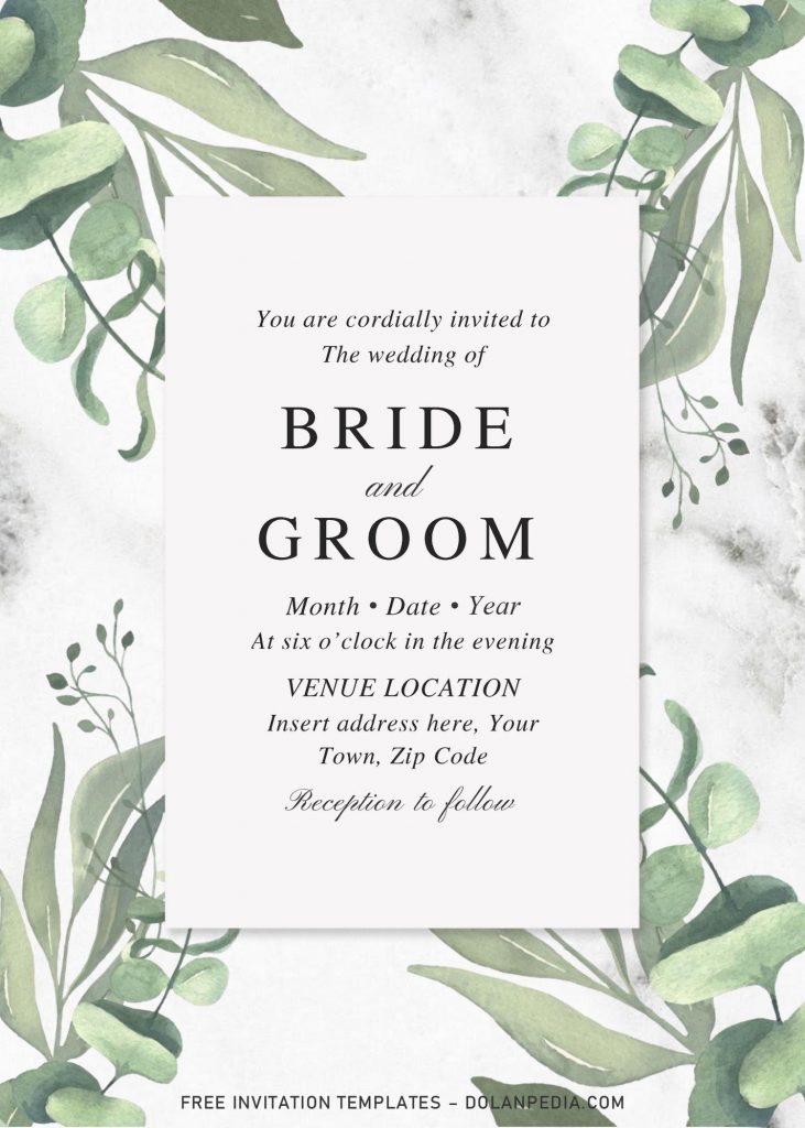 Free Botanical Leaves Wedding Invitation Templates For Word and has green eucalyptus leaves