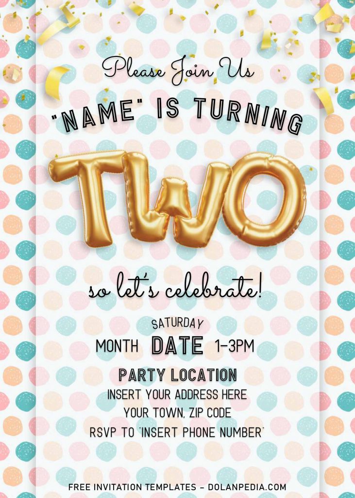 Free Gold Balloons Birthday Invitation Templates For Word and has colorful polka dot background