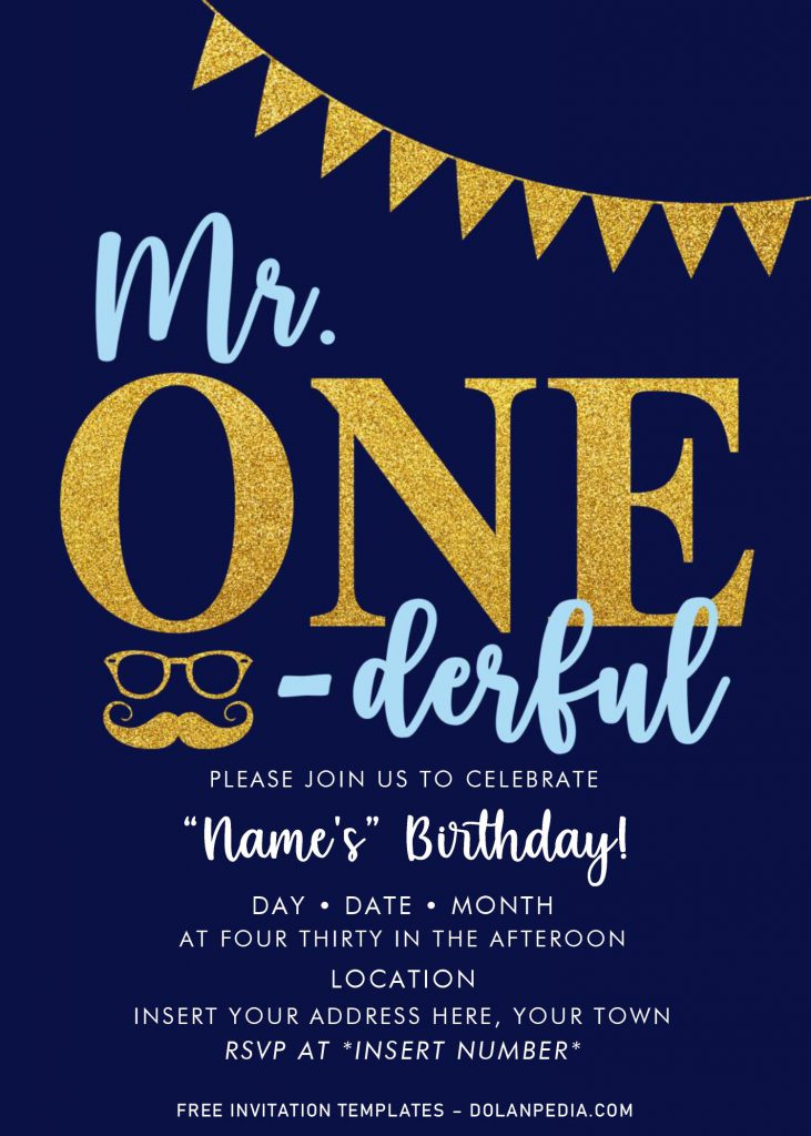 Free Mr. Onederful Birthday Party Invitation Templates For Word and has gold glitter sunglasses and mustache