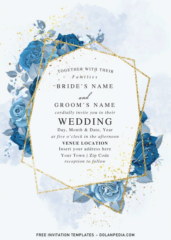 Free Blue Floral And Gold Geometric Wedding Invitation Templates For Word and has gold geometric frame