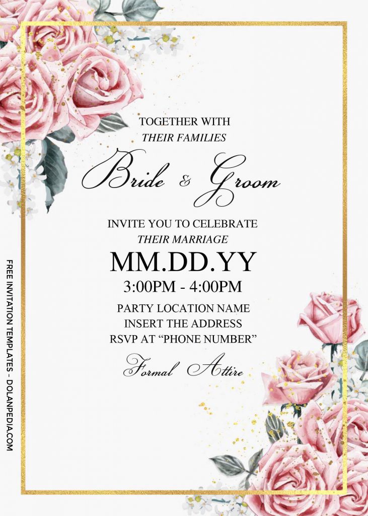 Free Dusty Rose Wedding Invitation Templates For Word and has gold frame background