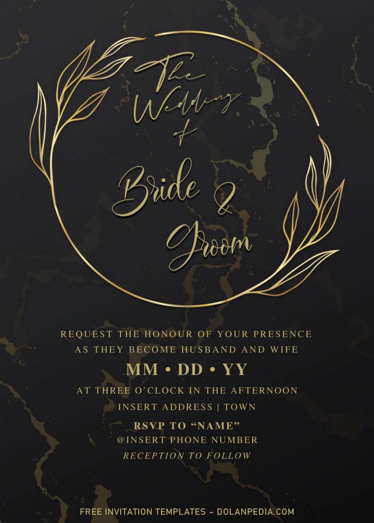 Free Elegant Black And Gold Wedding Invitation Templates For Word and has gold marble background