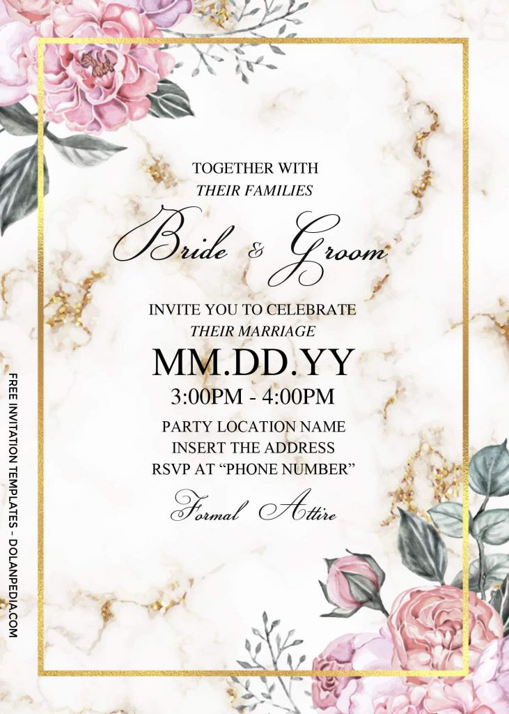 Free Dusty Rose Wedding Invitation Templates For Word and has gold white marble background