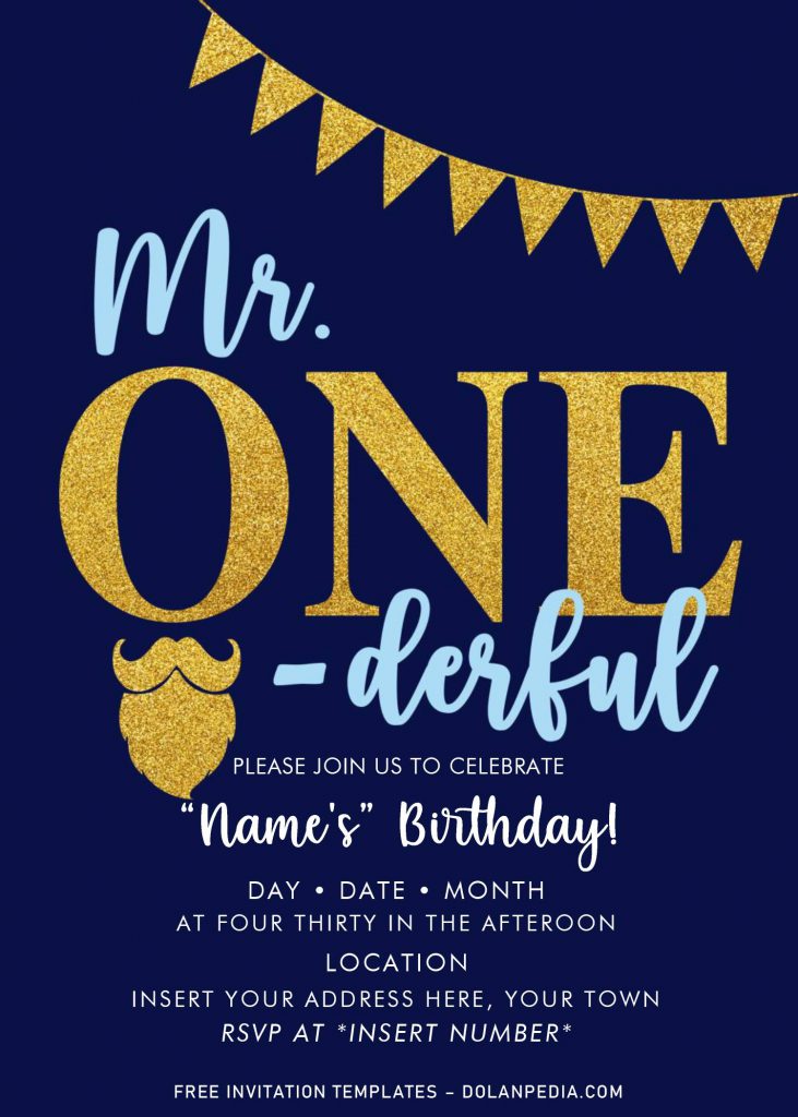Free Mr. Onederful Birthday Party Invitation Templates For Word and has gold glitter garland bunting flags