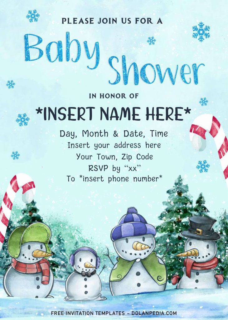 Free Winter Baby Shower Invitation Templates For Word and has Christmas candy cane and snowman family