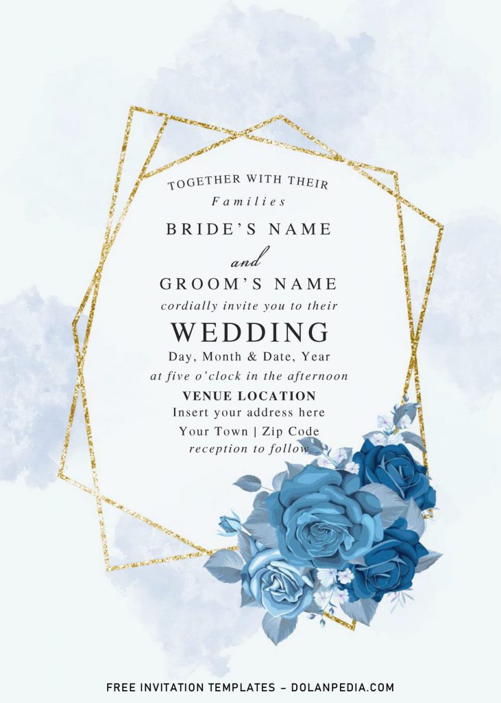Free Blue Floral And Gold Geometric Wedding Invitation Templates For Word and has gold geometric pattern